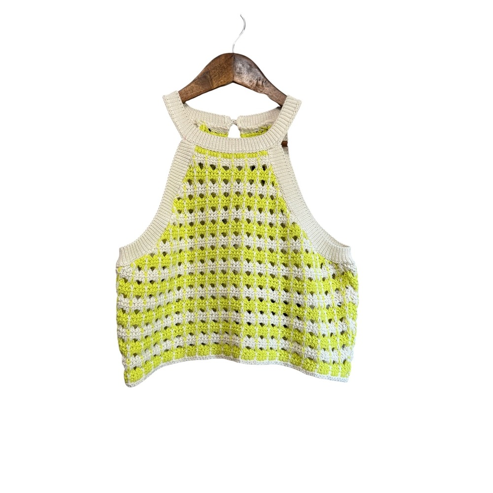 Zara Crochet Knit Tank Top Kids Size 13-14 Lime Green Cream Excellent Halter